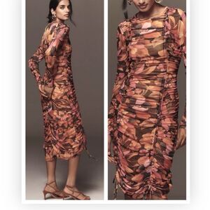 NWT FARM Rio X Anthropologie Ruched Midi Dress Graphic Flowers